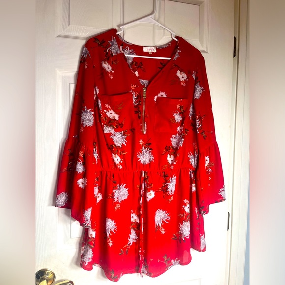 Stella Tweed Y2K plus size red and white floral Belle sleeve tunic top size 2x - Picture 1 of 9